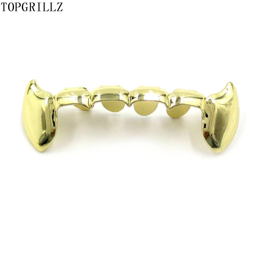 TOPGRILLZ Fang Grillz Set Gold Color Plated Half Teeth Dracula Vampire Fangs Slim Grills Gold Top & Bottom Grillz Teeth Set