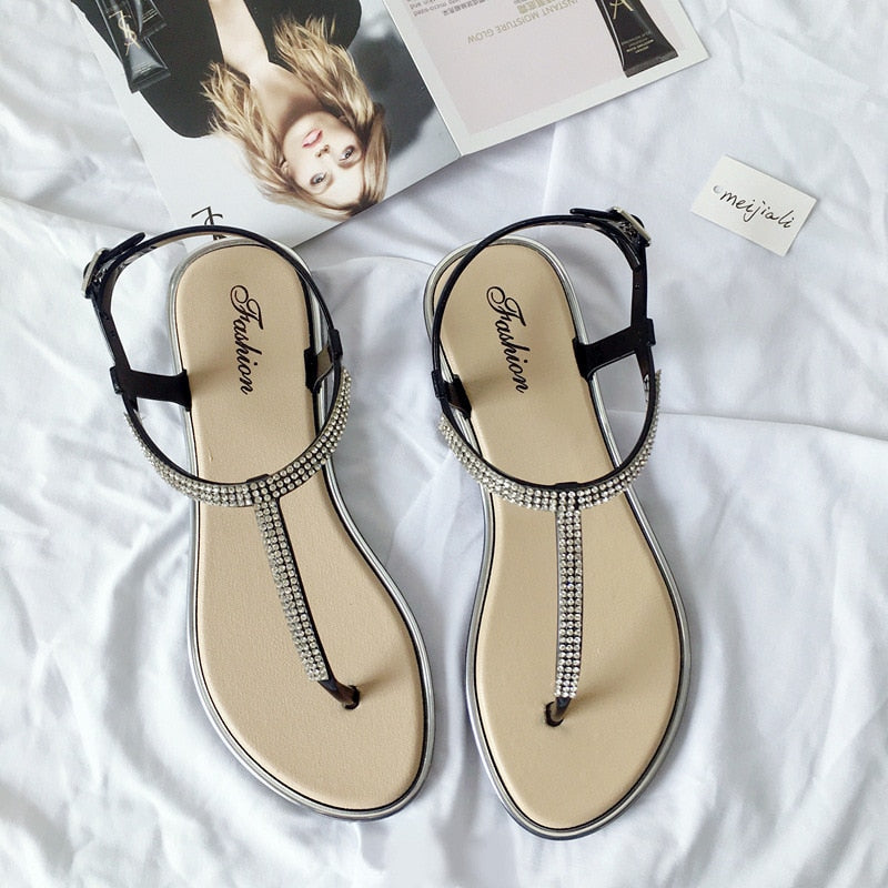 Koovan Women&#39;s Shoes 2021 Summer Rhinestone Flat Shoes Clip T-type Strap Roman Shoes Low Sandals Women Plastic Sandals Beach