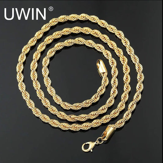 UWIN Men Women Hip Hop Rapper&#39;s Chain 3mm 18&#39;&#39; 20&quot; 24&quot; 30&quot; Stainless steel Gold Color Rope Link Necklace Fashion Hip hop Jewelry