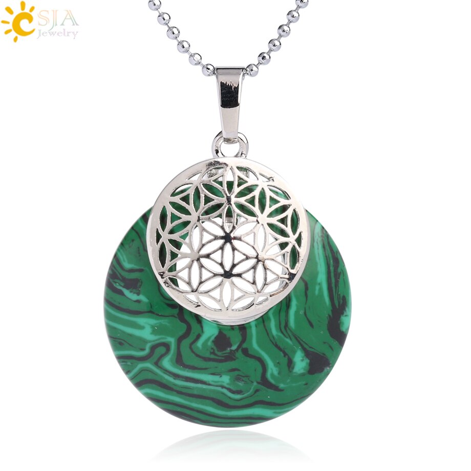 CSJA Natural Stone Flower of Life Pendant Necklace Reiki Amulets Hollow Out Circle Pendants Fit for Women Men Charm Jewelry G052
