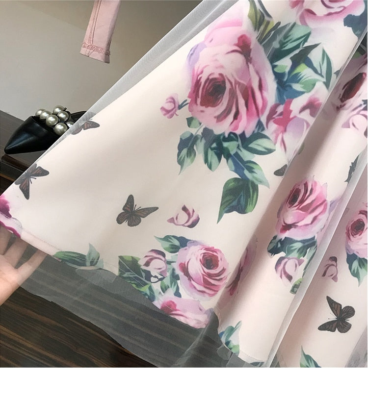 HIGH QUALITY Women Irregular T Shirt+Mesh Skirts Suits Bowknot Solid Tops Vintage Floral Skirt Sets Elegant Woman Two Piece Set