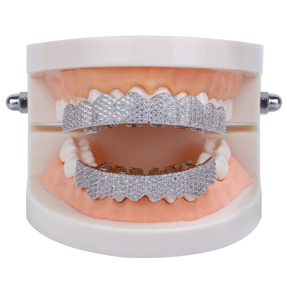 TOPGRILLZ Fit Gold Silver Color Iced Out Hip Hop Teeth Grillz Micro Pave Cubic Zircon Top &amp; Bottom Teeth Grills Set