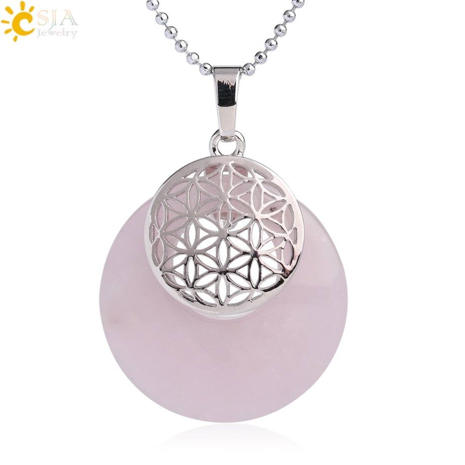 CSJA Natural Stone Flower of Life Pendant Necklace Reiki Amulets Hollow Out Circle Pendants Fit for Women Men Charm Jewelry G052