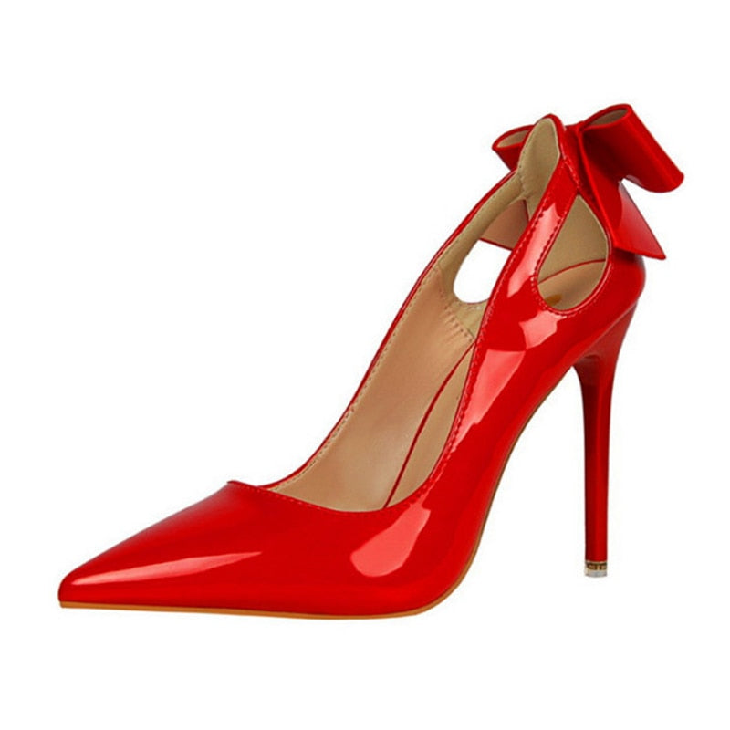 Bigtree Cut-outs Bowtie Pointed Toe 10cm High Heels Solid Patent Leather Shallow Woman Party Pumps Office Ol Shoes Woman