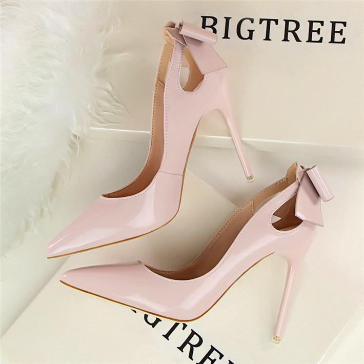Bigtree Cut-outs Bowtie Pointed Toe 10cm High Heels Solid Patent Leather Shallow Woman Party Pumps Office Ol Shoes Woman