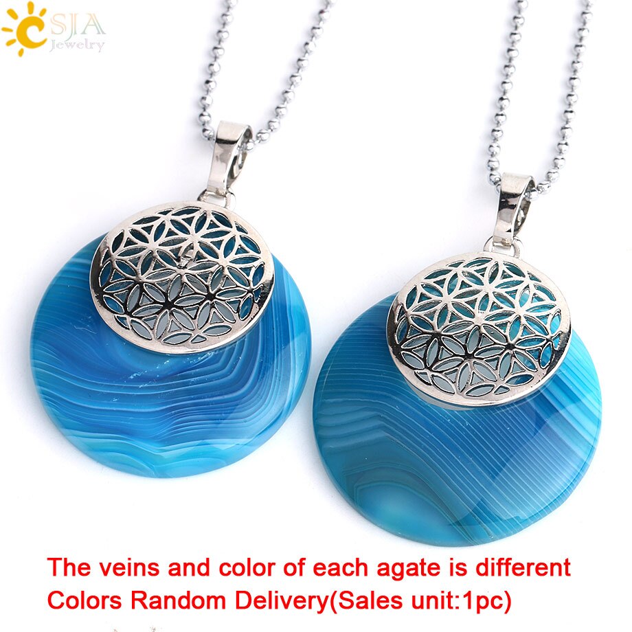 CSJA Natural Stone Flower of Life Pendant Necklace Reiki Amulets Hollow Out Circle Pendants Fit for Women Men Charm Jewelry G052