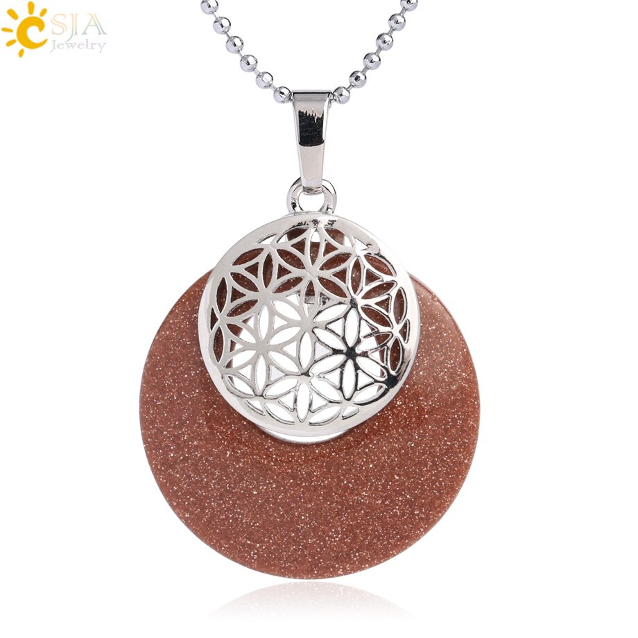 CSJA Natural Stone Flower of Life Pendant Necklace Reiki Amulets Hollow Out Circle Pendants Fit for Women Men Charm Jewelry G052