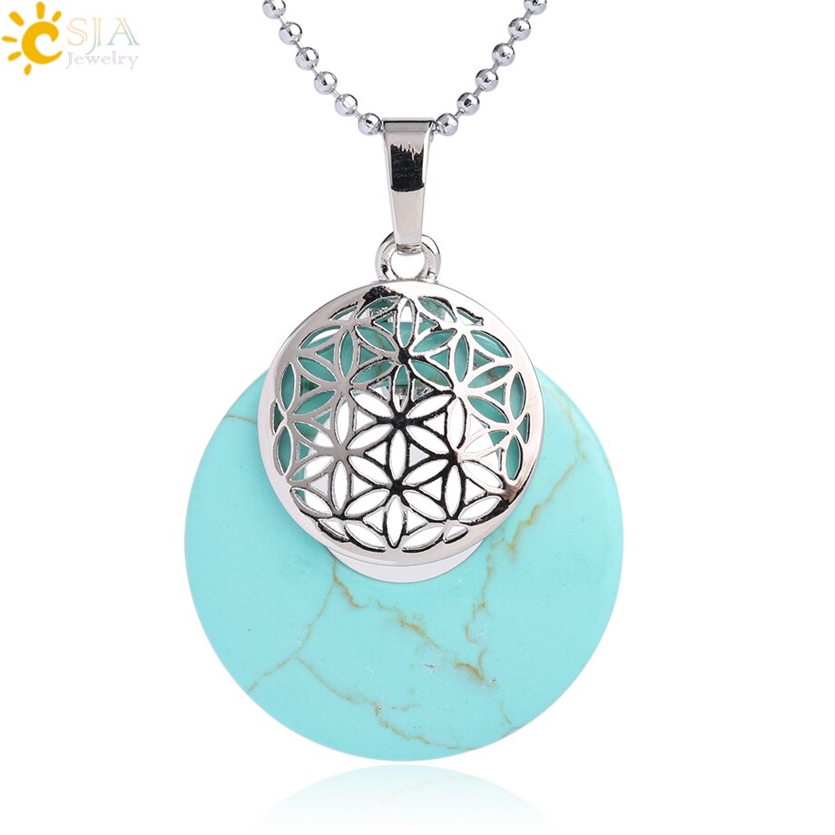 CSJA Natural Stone Flower of Life Pendant Necklace Reiki Amulets Hollow Out Circle Pendants Fit for Women Men Charm Jewelry G052