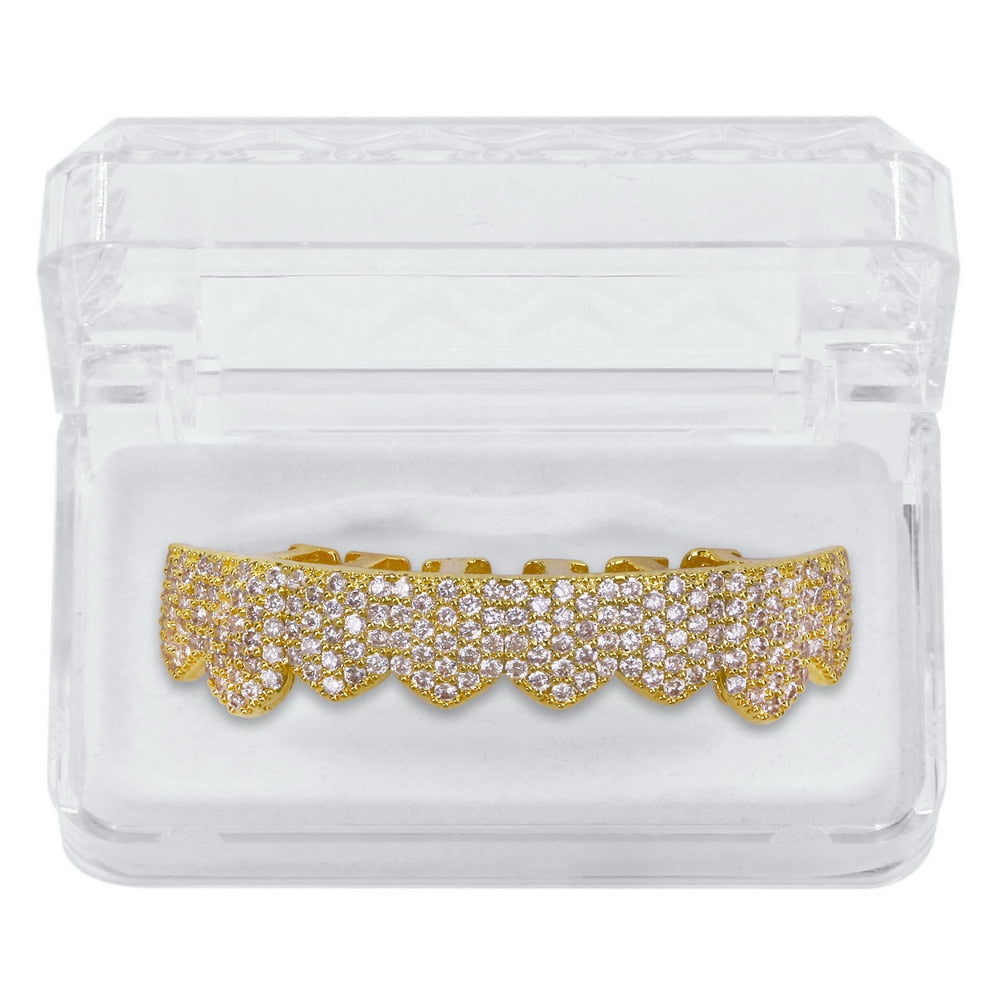 TOPGRILLZ Fit Gold Silver Color Iced Out Hip Hop Teeth Grillz Micro Pave Cubic Zircon Top &amp; Bottom Teeth Grills Set