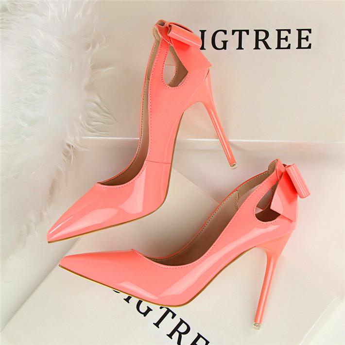 Bigtree Cut-outs Bowtie Pointed Toe 10cm High Heels Solid Patent Leather Shallow Woman Party Pumps Office Ol Shoes Woman