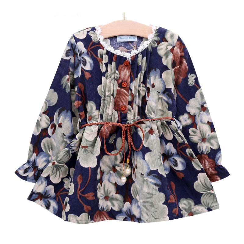 Humor Bear Girls Floral Dress  NEW Baby Girls Dress Party College Style Lapel Princess Dress Fashion Kids Children Clothing