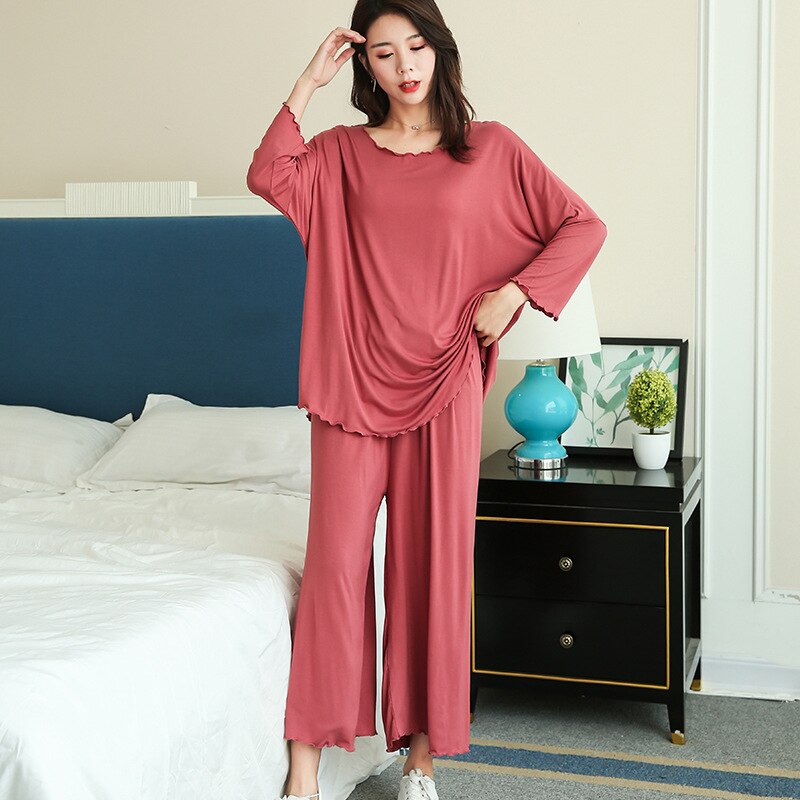 PLUS size home suits women autumn new loose long-sleeved pajamas two-piece set nine-point wide leg pants pijama sleepwear femme