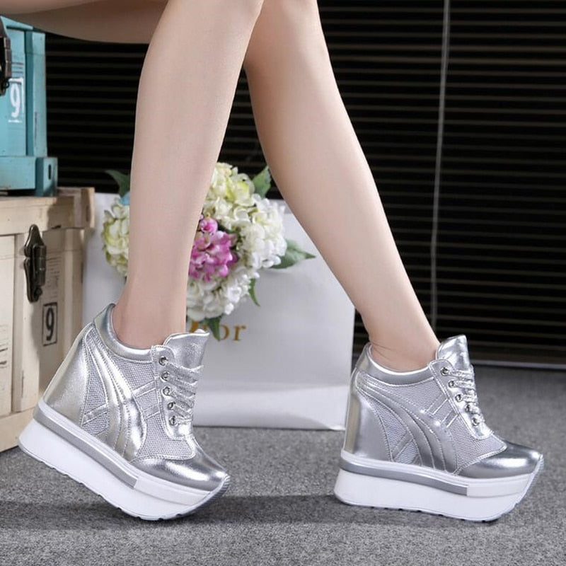 NEW Classic Women Mesh Platform Sneakers Trainers White Shoes 10CM High Heels Wedges Outdoor Shoes Breathable Casual Shoes Woman