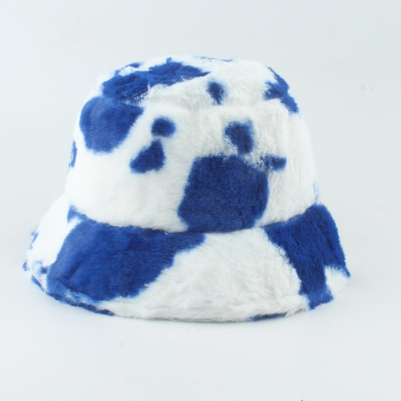 Faux Fur Winter Hats For Women Black White Cow Print Bucket Hat Men Panama Fisherman Caps Gorras