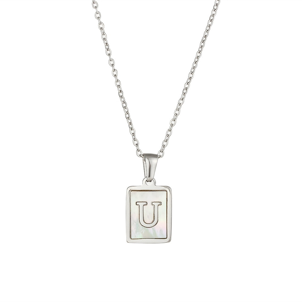 2021 Trend 18K Golden Chain Necklaces Male Square Natural Shell Initial Letters Pendant Stainless Steel Jewelry for Women Gifts