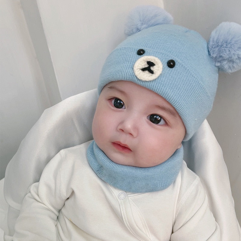 2Pcs Baby Hat Scarf Set Bear Cat Warm Knitted Baby Winter Hat Cap Bonnet Kids Hat Boy Girl Caps Boys Girls Crochet Beanie Autumn