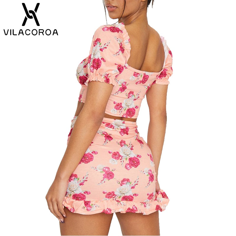 Print Streetwear Female 2 Piece Set Square Collar Bubble Sleeve Lace Up Crop Top High Waist Ruffle Skirt Backless Women Suit