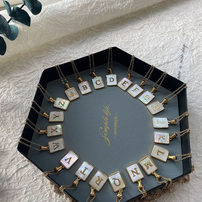 2021 Trend 18K Golden Chain Necklaces Male Square Natural Shell Initial Letters Pendant Stainless Steel Jewelry for Women Gifts