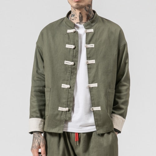Kimono Jacket Men  Men Cotton Jacket China Style Frog Closure Button Kongfu Coat Male Loose Parchwork Cardigan Overcoat 5XL