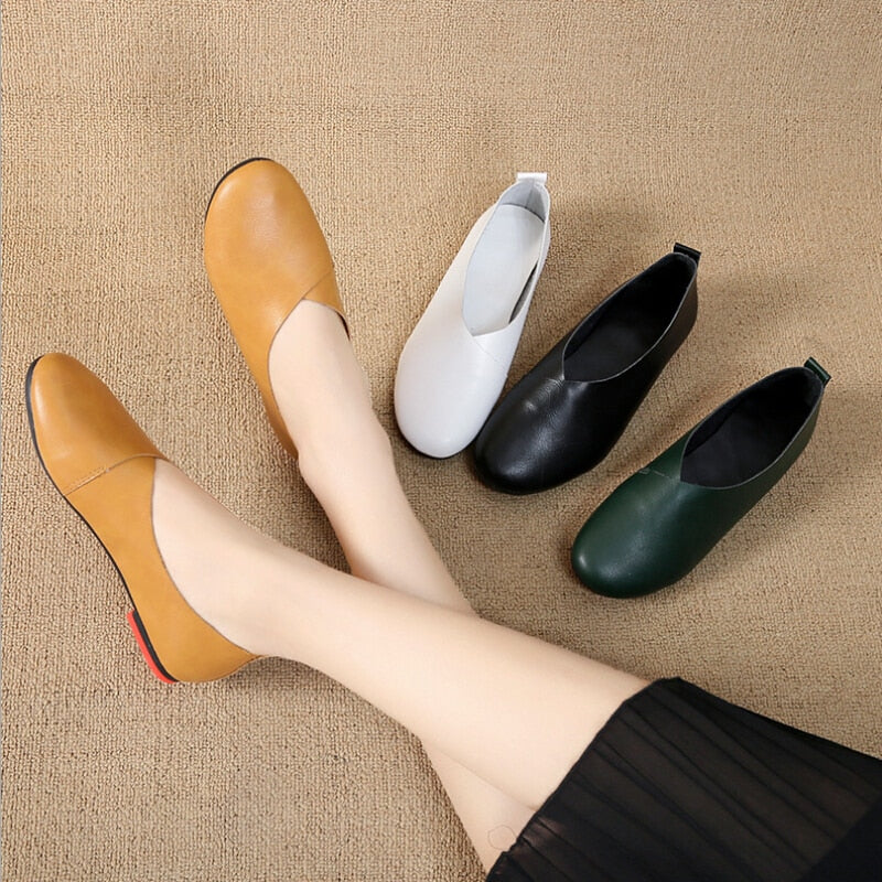 2022 Genuine Leather Flat Shoes Woman Hand-sewn Leather Loafers Cowhide Flexible Spring Casual Shoes Women Flats Women Shoes