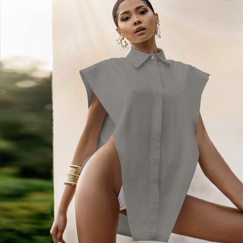 Viifaa Novelty Tops Sexy Cut Out Side Button Up White Shirt Women Fashion Clothing Sleeveless Oversized Shirts