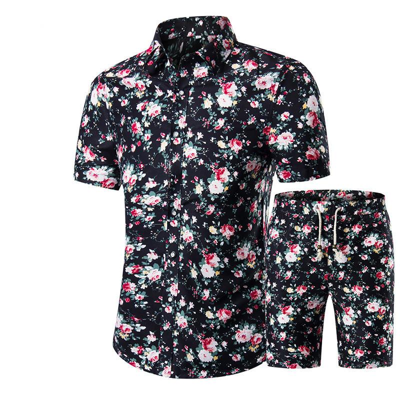 Summer Men Sets 2022 New Print Floral Short Sleeve Shirts Sets Fashion Casual Fit Slim Turn-down Collar Men Suits