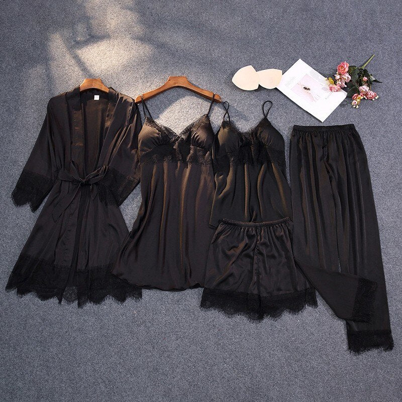Lace Sexy Kimono Bathrobe Gown Satin Women Pink Sleepwear Casual Spring Summer New Nightwear Intimate Lingerie Homewear