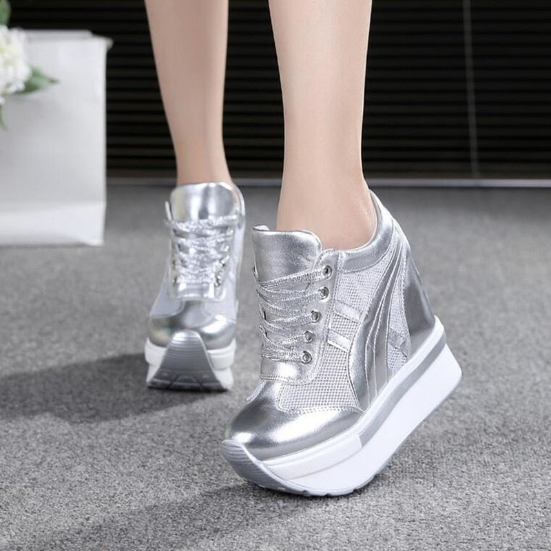 NEW Classic Women Mesh Platform Sneakers Trainers White Shoes 10CM High Heels Wedges Outdoor Shoes Breathable Casual Shoes Woman