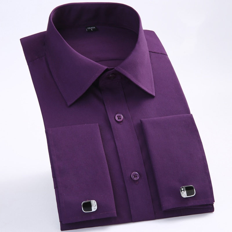 French Cuff Mens Formal Business Dress Shirt Solid Male Party Wedding Tuxedo Shirts with Cufflinks