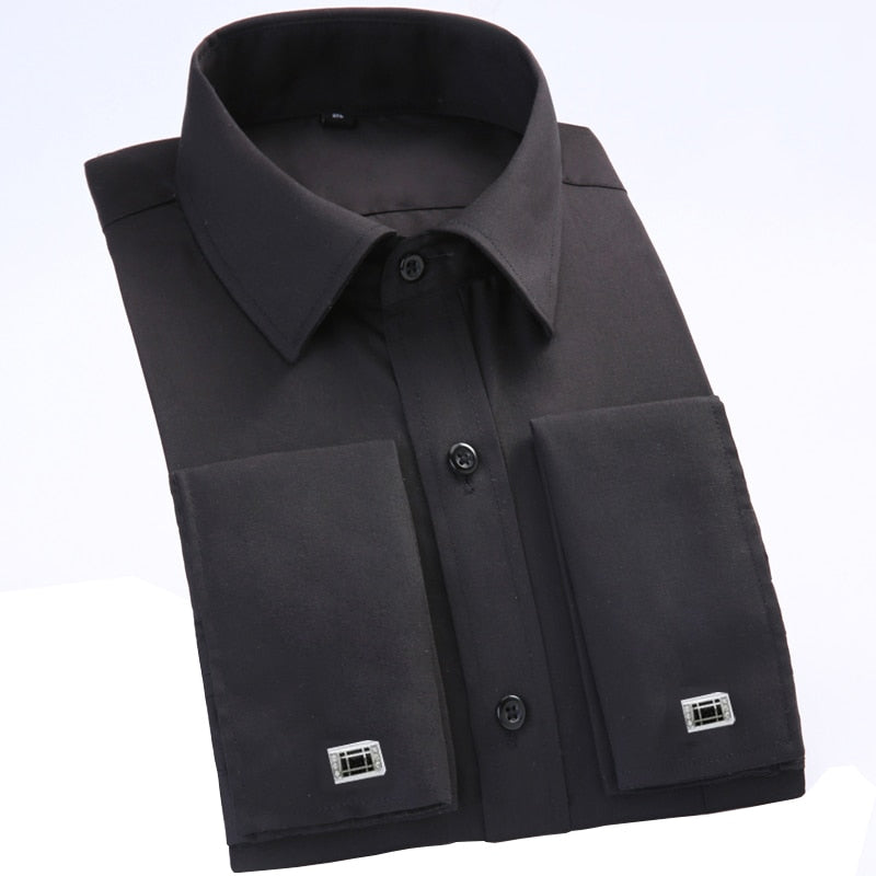 French Cuff Mens Formal Business Dress Shirt Solid Male Party Wedding Tuxedo Shirts with Cufflinks