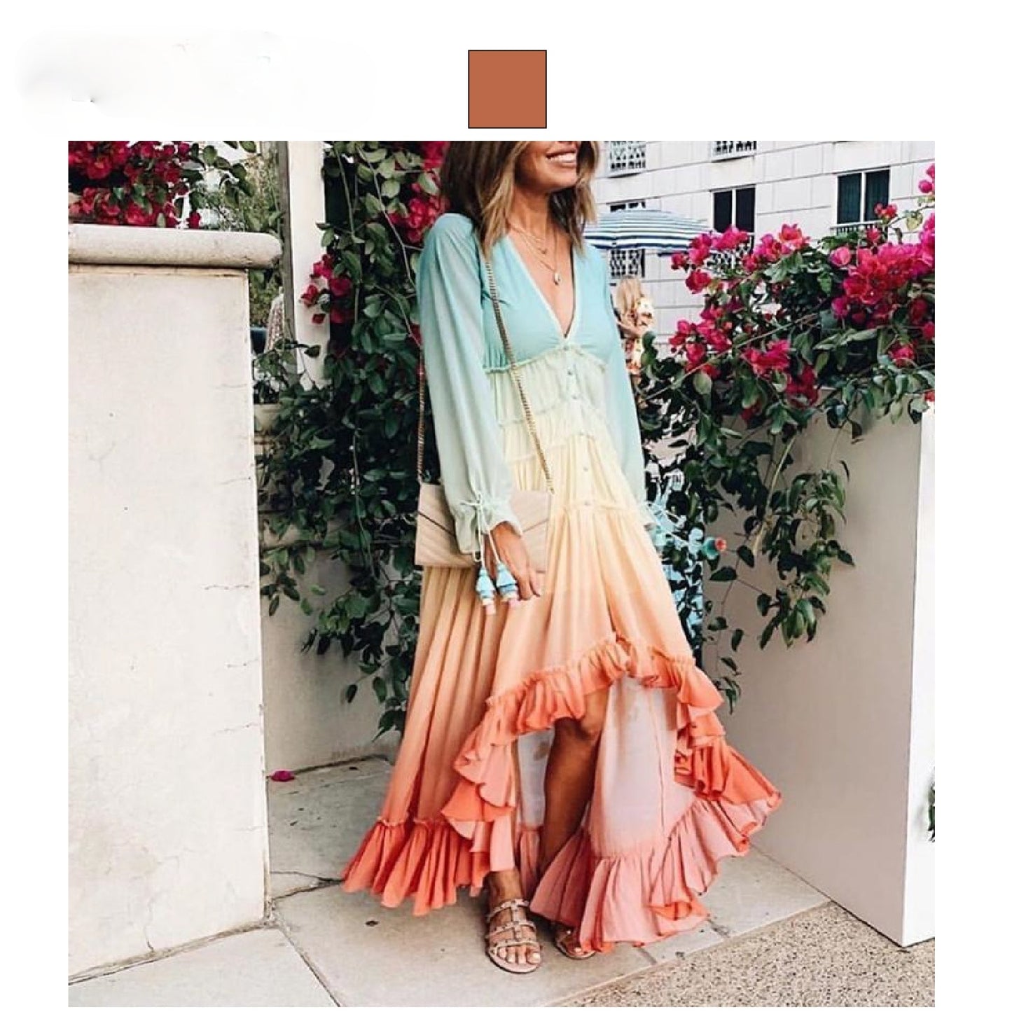 Women&#39;s deep V long sleeve gradual change dress long skirt