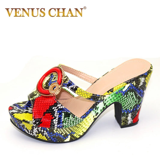New Arrrival Italian Design Women Shoes Snake Pattern Multicolor with Rhinestone Summer Shoes Big Size Ladies Shoes High Heels