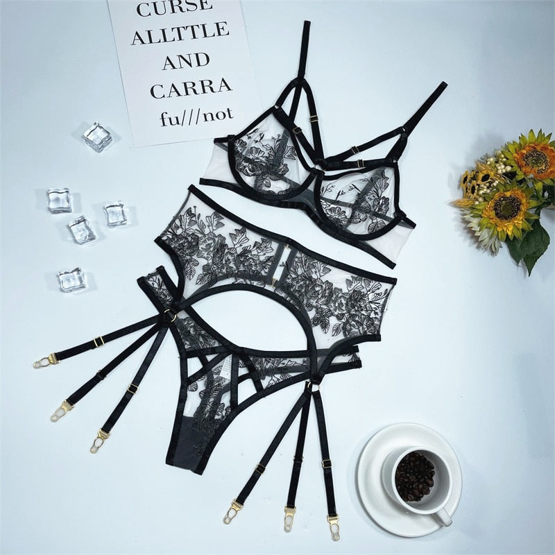 Ellolace Erotic Lingerie Set Woman 3 Pieces Sensual Embroidery Transparent Brief Sets Fancy Garters Luxury Lace Sexy Outfits