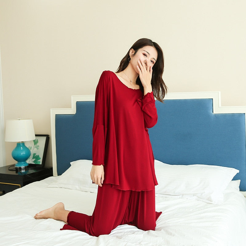 PLUS size home suits women autumn new loose long-sleeved pajamas two-piece set nine-point wide leg pants pijama sleepwear femme