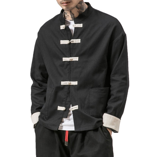 Kimono Jacket Men  Men Cotton Jacket China Style Frog Closure Button Kongfu Coat Male Loose Parchwork Cardigan Overcoat 5XL