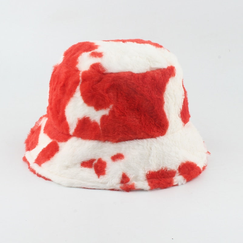 Faux Fur Winter Hats For Women Black White Cow Print Bucket Hat Men Panama Fisherman Caps Gorras