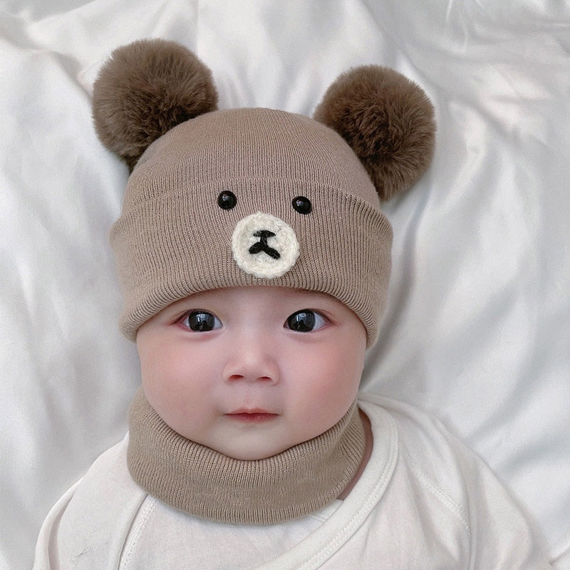 2Pcs Baby Hat Scarf Set Bear Cat Warm Knitted Baby Winter Hat Cap Bonnet Kids Hat Boy Girl Caps Boys Girls Crochet Beanie Autumn