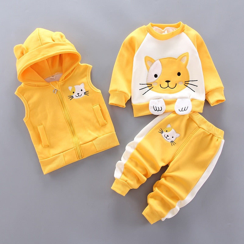 Winter Baby Girls Hooded Clothes Children Halloween Sets Vest+Coat+Pant 3 Pieces Boy Suits Cartoon Bear Garment For Kids 1-4 Age