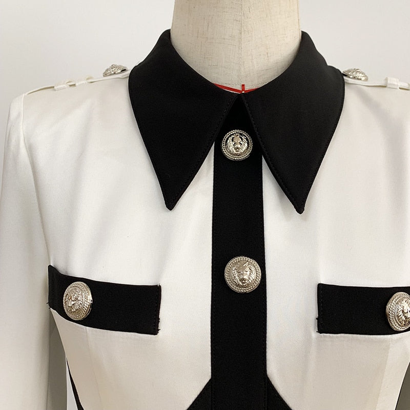 HIGH STREET 2022 Newest Designer Dress Women's Long Sleeve Color Block Patchwork Shirt Collar Lion Buttons Dress