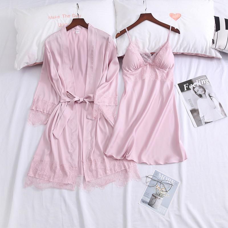 Lace Sexy Kimono Bathrobe Gown Satin Women Pink Sleepwear Casual Spring Summer New Nightwear Intimate Lingerie Homewear