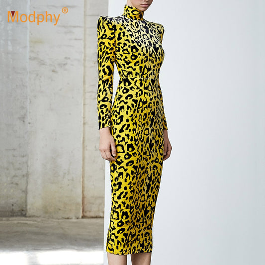 2021 Winter New Fashion Leopard Print Long Dress Elegant Women Long Sleeve Bodycon Dress Celebrity Evening Party Runway Vestidos