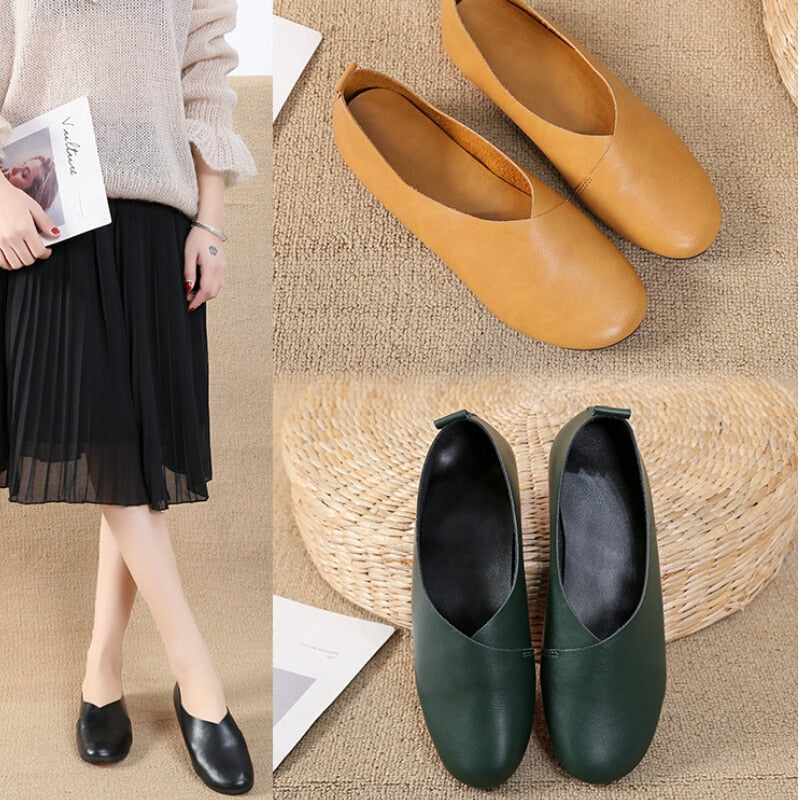 2022 Genuine Leather Flat Shoes Woman Hand-sewn Leather Loafers Cowhide Flexible Spring Casual Shoes Women Flats Women Shoes