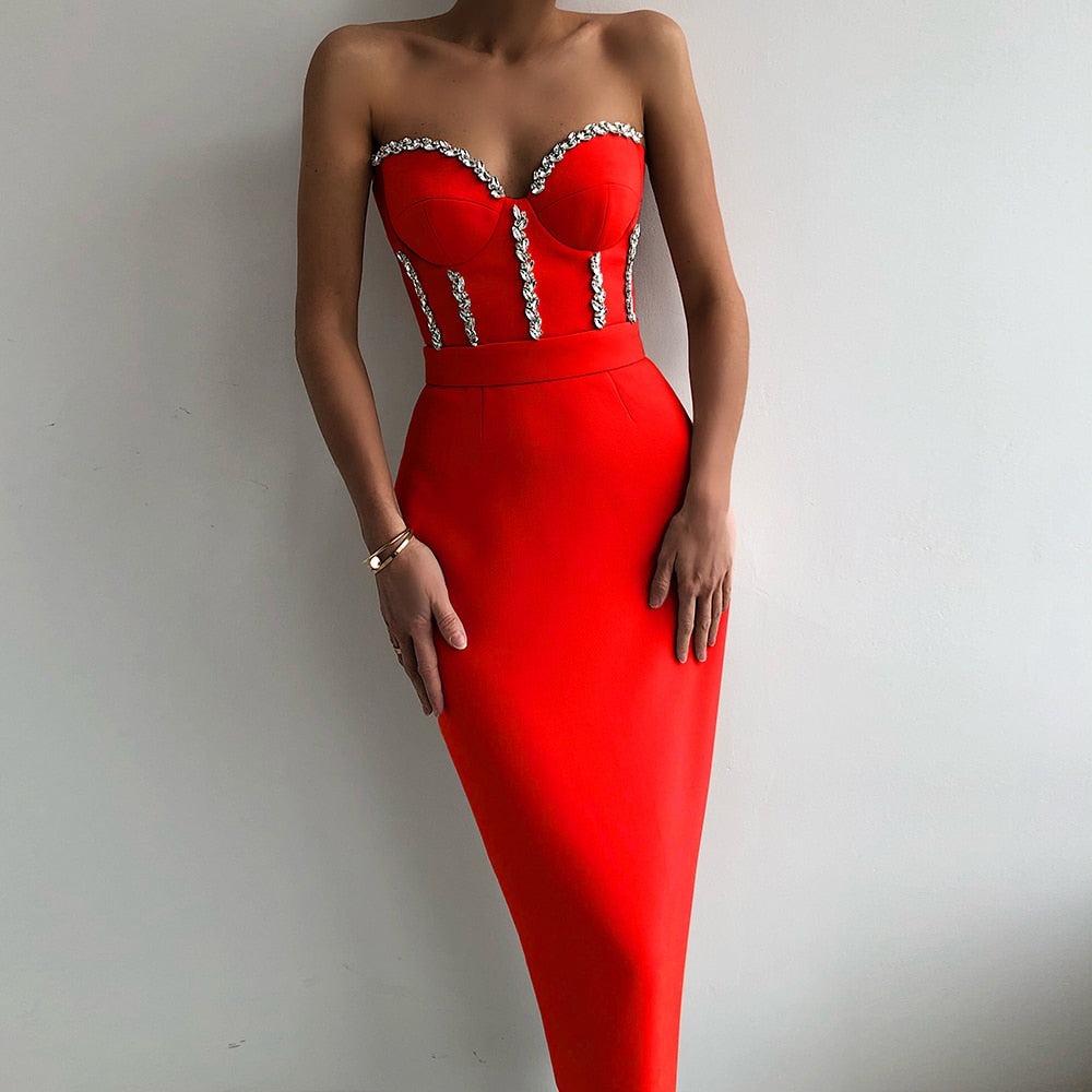 Sexy Strapless Women Dress Bandage Bodycon 2021 New Elegant Beading Party Evening Club Midi Dresses Summer Autumn Clothes