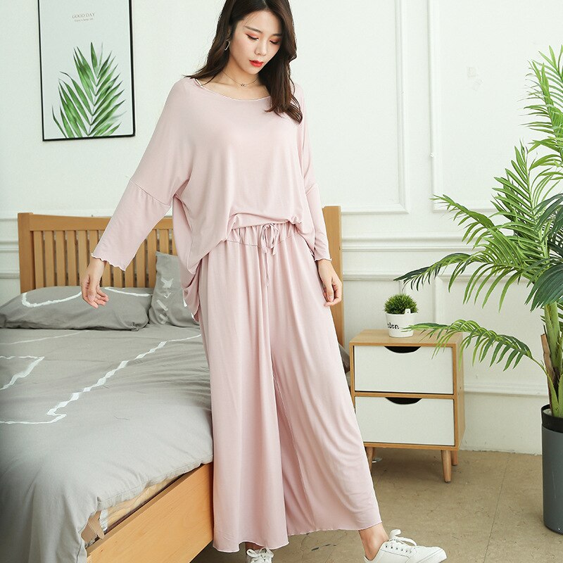PLUS size home suits women autumn new loose long-sleeved pajamas two-piece set nine-point wide leg pants pijama sleepwear femme