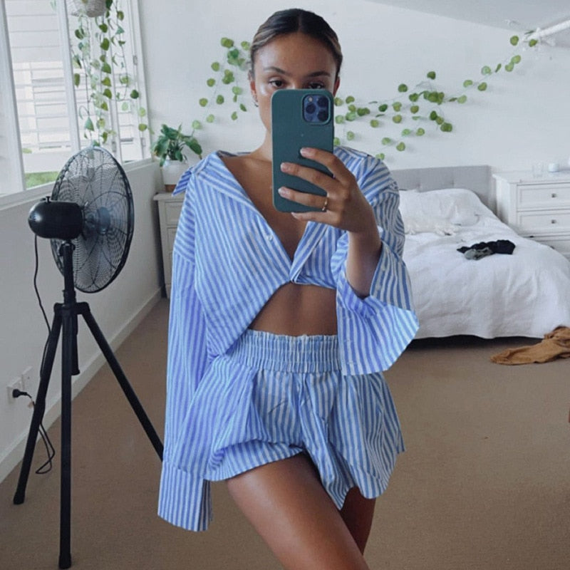 Cryptographic Fashion Casual Striped Blouse Shirts and Shorts Matching Set Loose Shirt Sleeve Top Outfits Summer 2021 Women Set