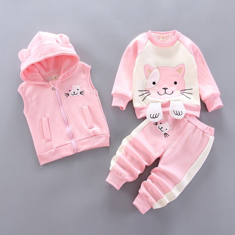 Winter Baby Girls Hooded Clothes Children Halloween Sets Vest+Coat+Pant 3 Pieces Boy Suits Cartoon Bear Garment For Kids 1-4 Age