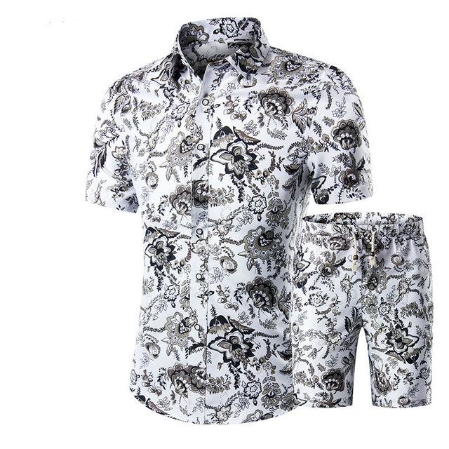 Summer Men Sets 2022 New Print Floral Short Sleeve Shirts Sets Fashion Casual Fit Slim Turn-down Collar Men Suits