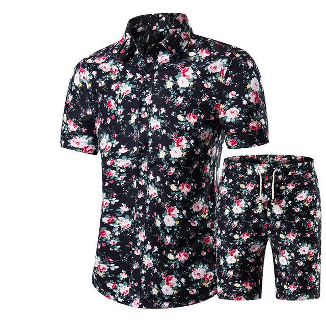 Summer Men Sets 2022 New Print Floral Short Sleeve Shirts Sets Fashion Casual Fit Slim Turn-down Collar Men Suits
