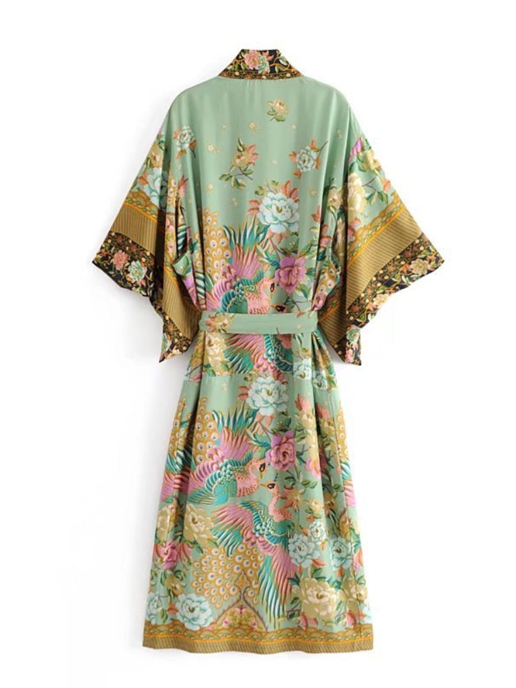 Peacock Floral Print Bat Sleeve Beach Bohemian Kimono Robe for Women Ladies V Neck Tassel Summer Dress Bikini Boho Cover-up