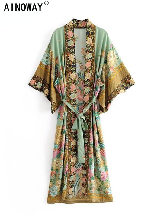 Peacock Floral Print Bat Sleeve Beach Bohemian Kimono Robe for Women Ladies V Neck Tassel Summer Dress Bikini Boho Cover-up